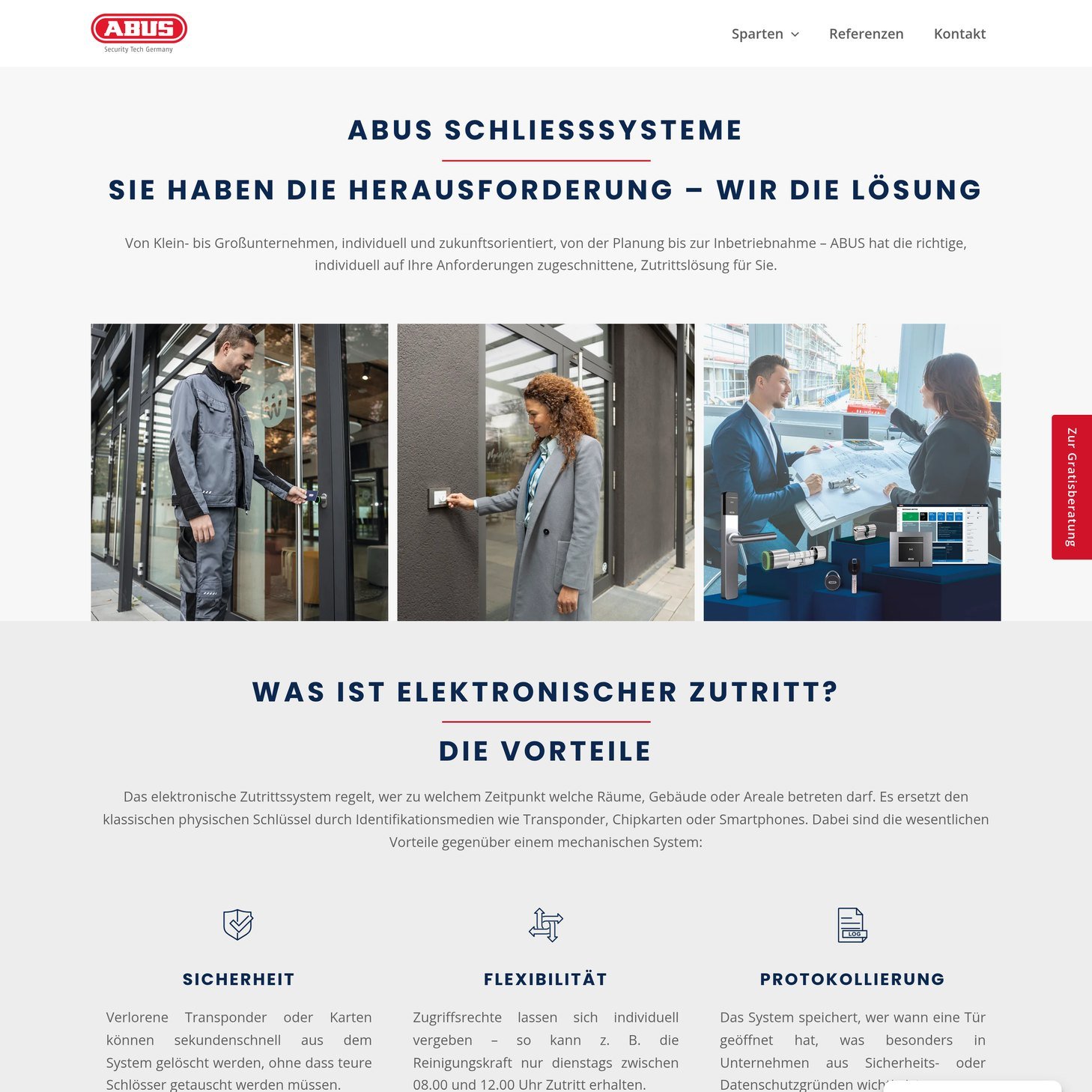 Landingpage von ABUS zur elektronischen Zutrittskontrolle mit Fotos von Türsystemen