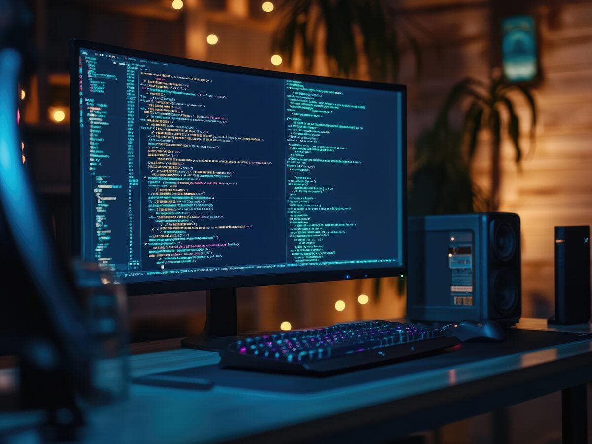Monitor mit Programmcode an einem Entwickler-Arbeitsplatz