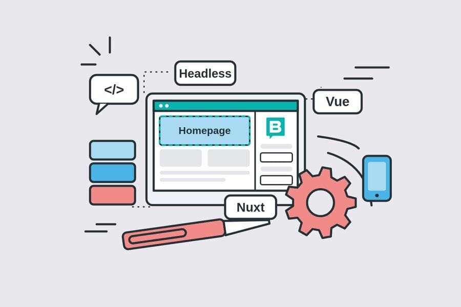 Illustration des visuellen Editors von Storyblok mit einer Homepage, dazu Vue, Nuxt und Bausteine
