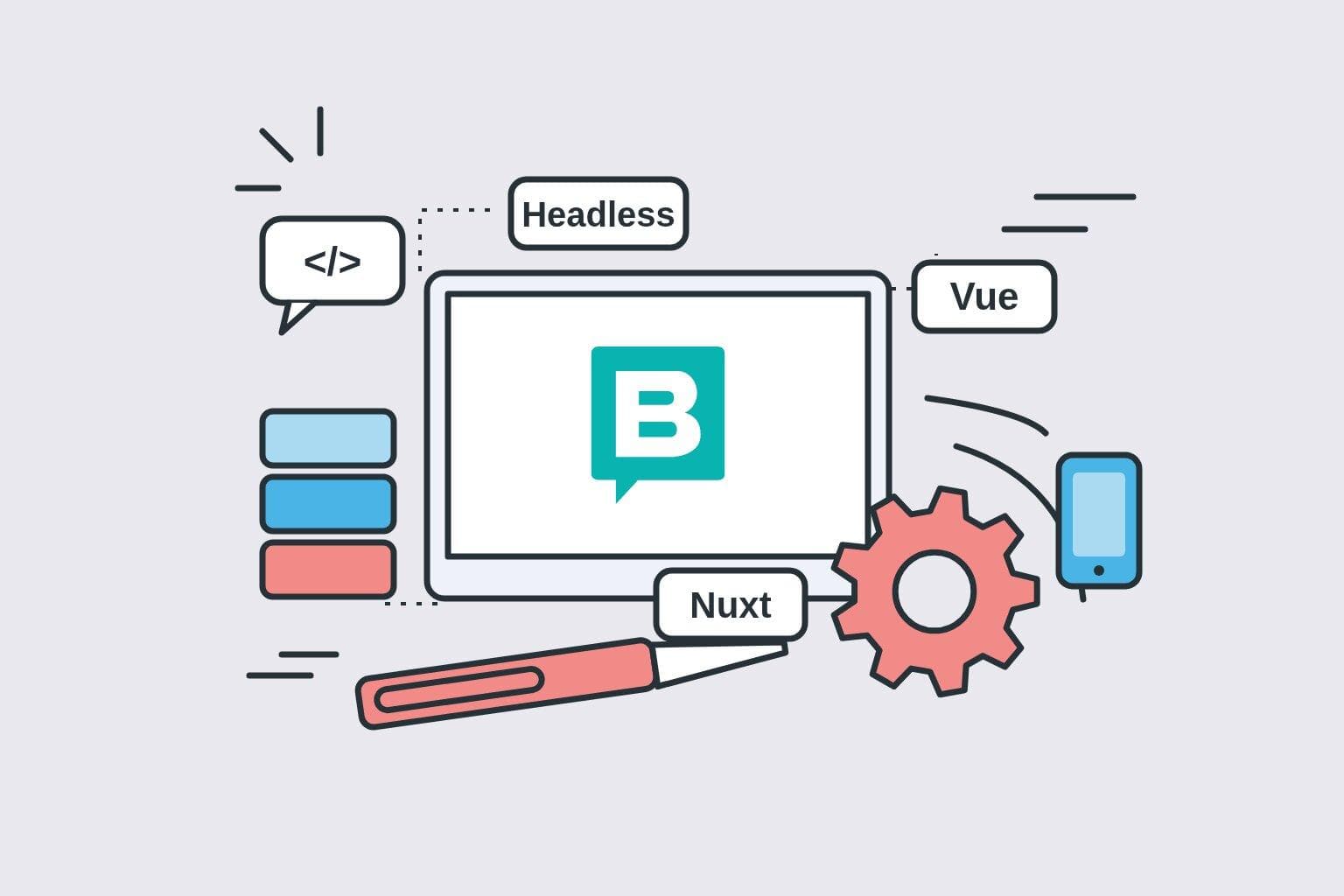 Illustration eines Monitors mit Storyblok-Logo, dazu Vue, Nuxt und Bausteine