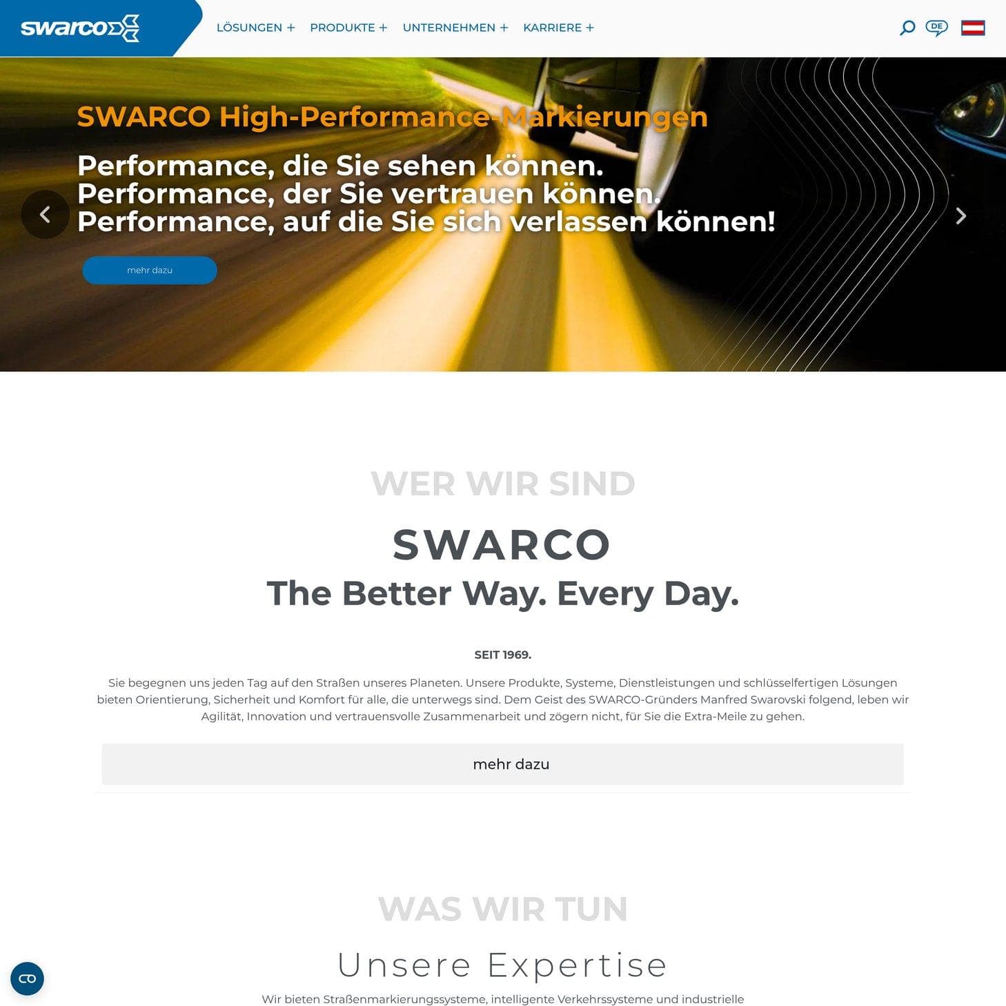 Startseite der Swarco AG mit Tunnelbild und dem Slogan „The Better Way. Every Day.“